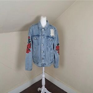 Pacsun Jean Jacket  Distressed Rose Embroidery Decorated, Rare! Size M